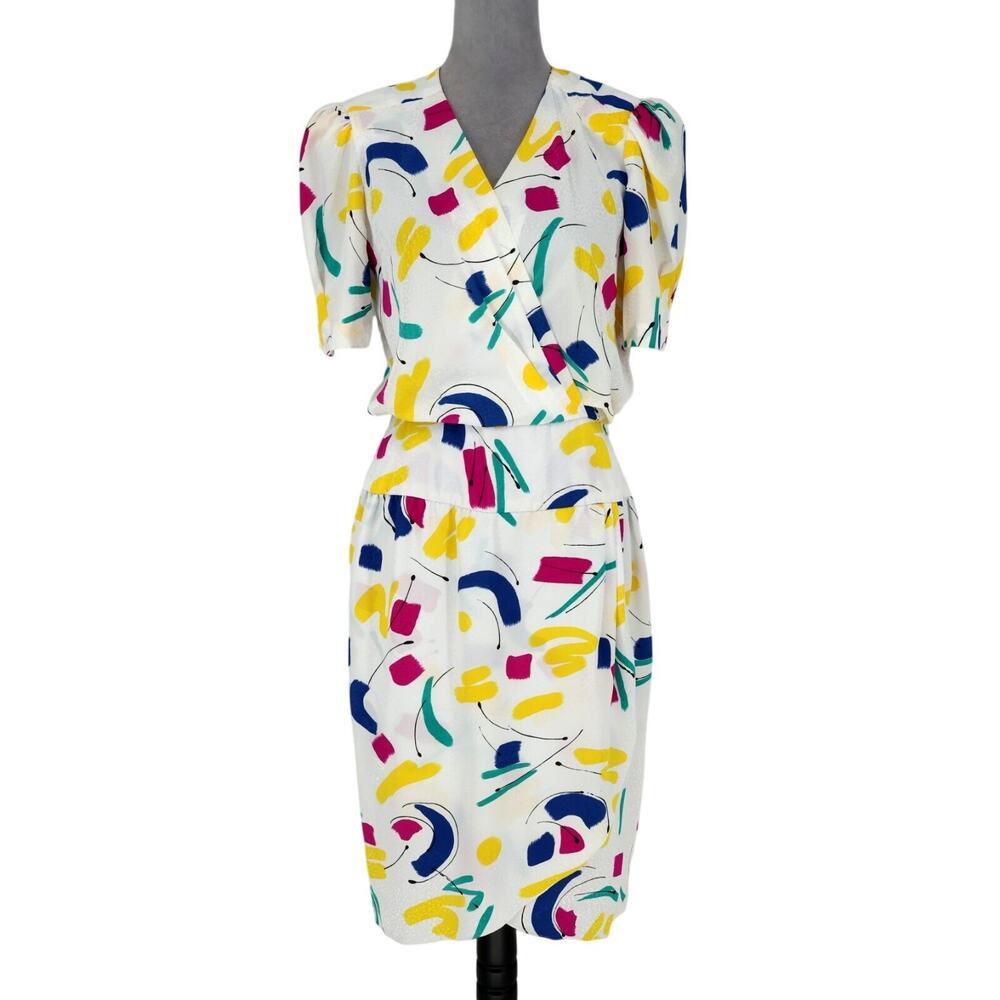 Liz Claiborne Dress Petites 10P White Print Side Zip Shoulder Pads Vintage